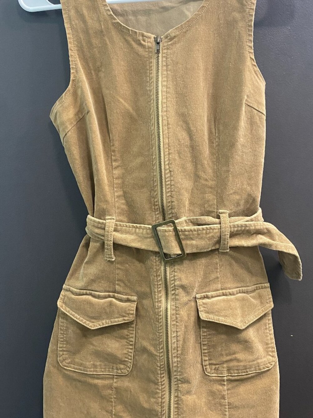 Rewash Corduroy Zip Front Belted Utility Mini Dress Tan XS